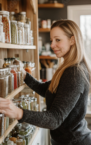 Close-Up of Organized Spice Jars Arranged on Shelves in a Modern Kitchen, Highlighting Culinary Order, Lifestyle, and Practicality photo