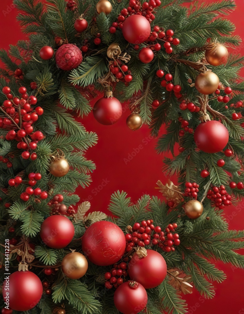 Red background with a stunning arrangement of pine branches, red gold ornaments, and red berries, pine branches, Festive border, Christmas tree Red background with a stunning arrangement of pine branches, red gold ornaments, and red berries, pine branches, Festive border, Christmas tree