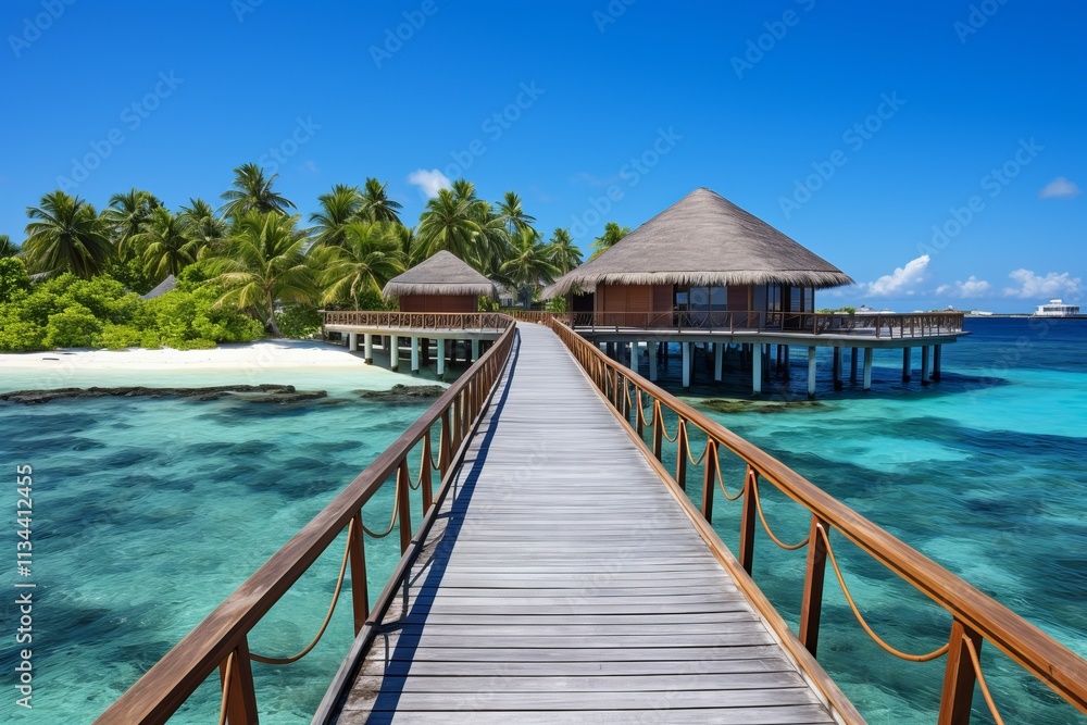Stunning tropical resort with wooden walkway and crystal-clear waters. Generative AI