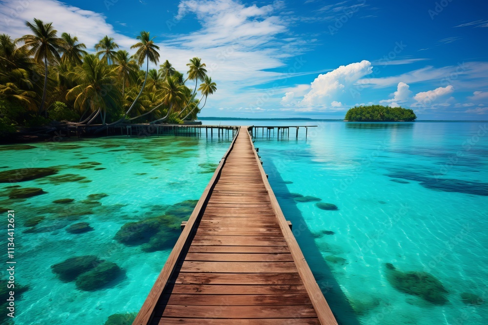 Serenity abounds at a tropical pier surrounded by clear blue waters. Generative AI Serenity abounds at a tropical pier surrounded by clear blue waters. Generative AI