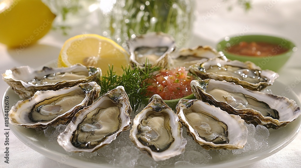 Fresh oysters on ice at seafood restaurants coastal setting gourmet presentation culinary delight Fresh oysters on ice at seafood restaurants coastal setting gourmet presentation culinary delight