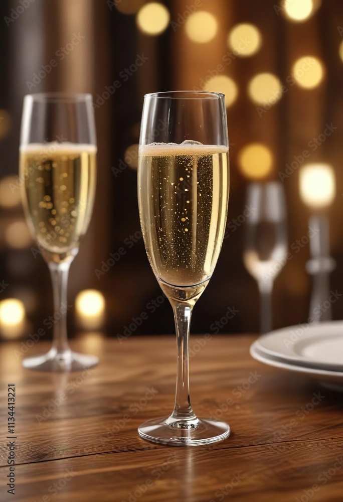 Bokeh champagne glass on elegant wooden table, elegance, refined, fine dining Bokeh champagne glass on elegant wooden table, elegance, refined, fine dining