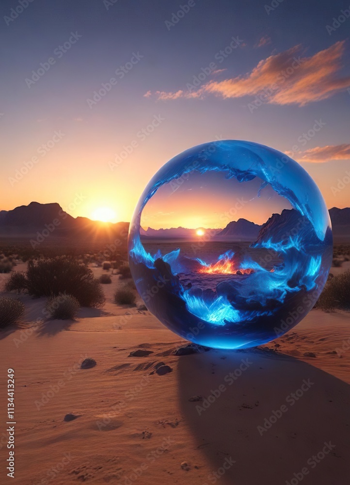 Blue flames encircle a glowing blue orb as it floats above a desert landscape at sunset, desert, serene, sunset Blue flames encircle a glowing blue orb as it floats above a desert landscape at sunset, desert, serene, sunset