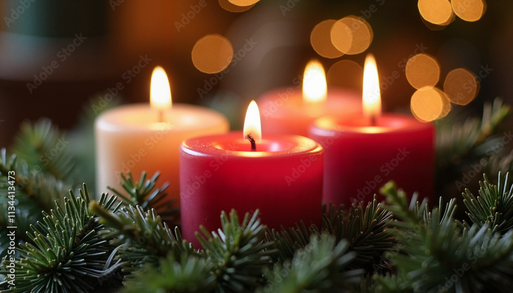 Warm glowing candles surrounded by pine branches on a festive background Warm glowing candles surrounded by pine branches on a festive background