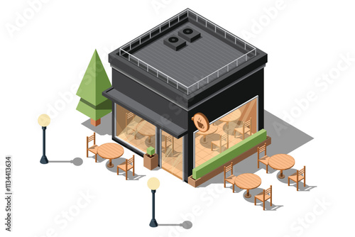 Isometric coffee shop. Isometric vector cafe building. Isometric exterior of coffee shop