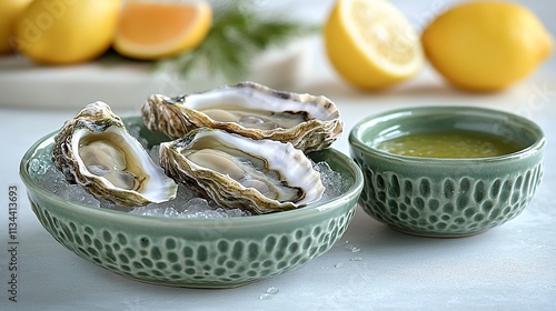 Fresh oysters on ice at seafood restaurants coastal dining experience summer vibes photo