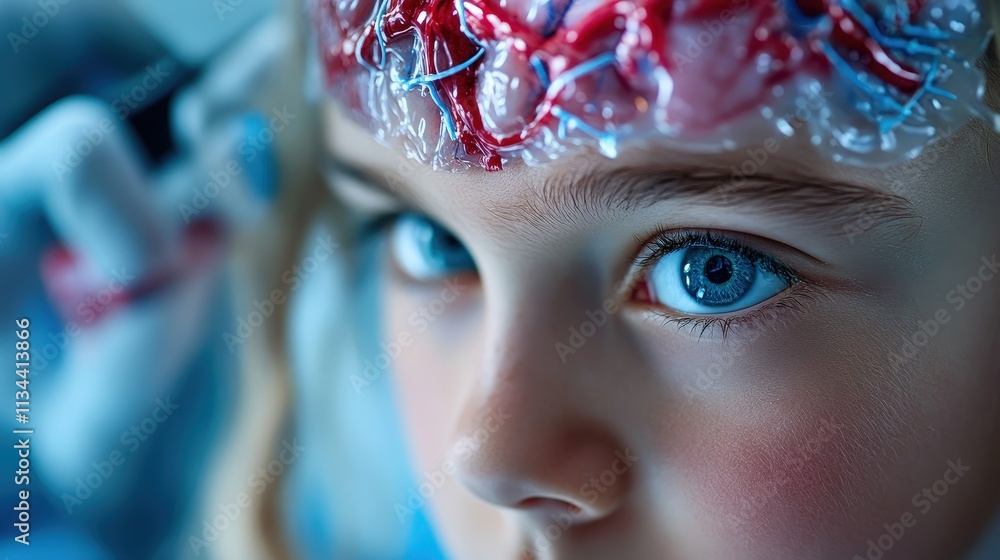 A captivating close-up of a child's face combined with a brain sculpture, symbolizing imagination, creativity, and the intersection of technology and youth.