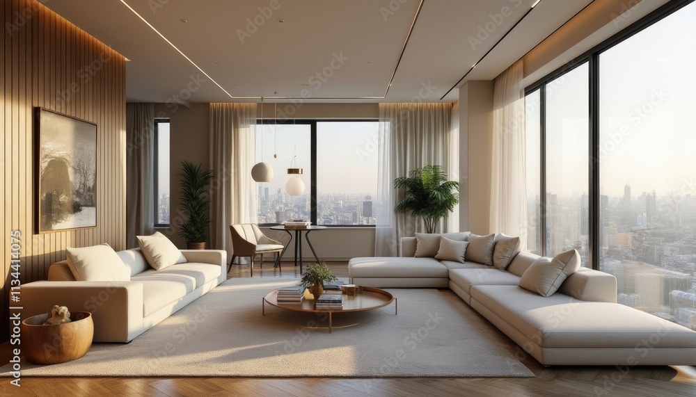 Fototapeta premium A modern living room with large windows offering a panoramic view of a city skyline. The room features a neutral color palette with white sofas, a wooden coffee table, and a large abstract painting