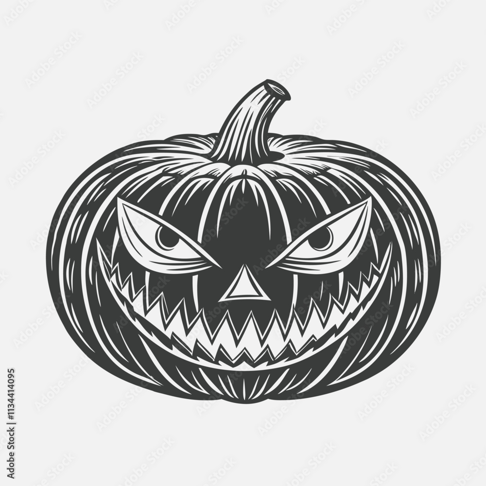 Fototapeta premium Black silhouette of Halloween pumpkin. Art. Whimsical Jack-o-lantern with a menacing grin. Isolated on white background