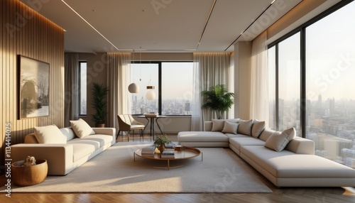 A modern living room with large windows offering a panoramic view of a city skyline. The room features a neutral color palette with white sofas, a wooden coffee table, and a large abstract painting