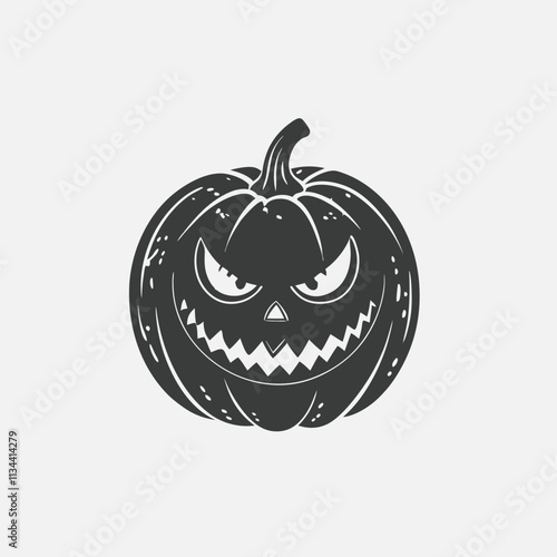 Black silhouette of Halloween pumpkin.  Art. Whimsical Jack-o-lantern with a menacing grin. Isolated on white background