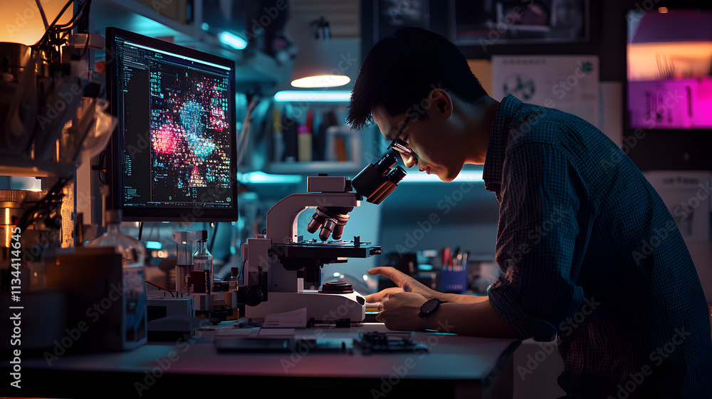 Young Scientist Examining Data Under a Microscope with Advanced Computer Analysis in a Modern Laboratory Young Scientist Examining Data Under a Microscope with Advanced Computer Analysis in a Modern Laboratory