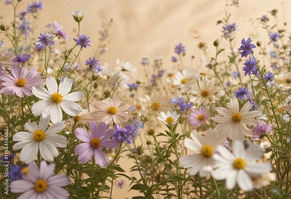 Fototapeta premium Softly blooming wildflowers against a warm beige background with scattered copy space, flowers, beige, floral arrangement