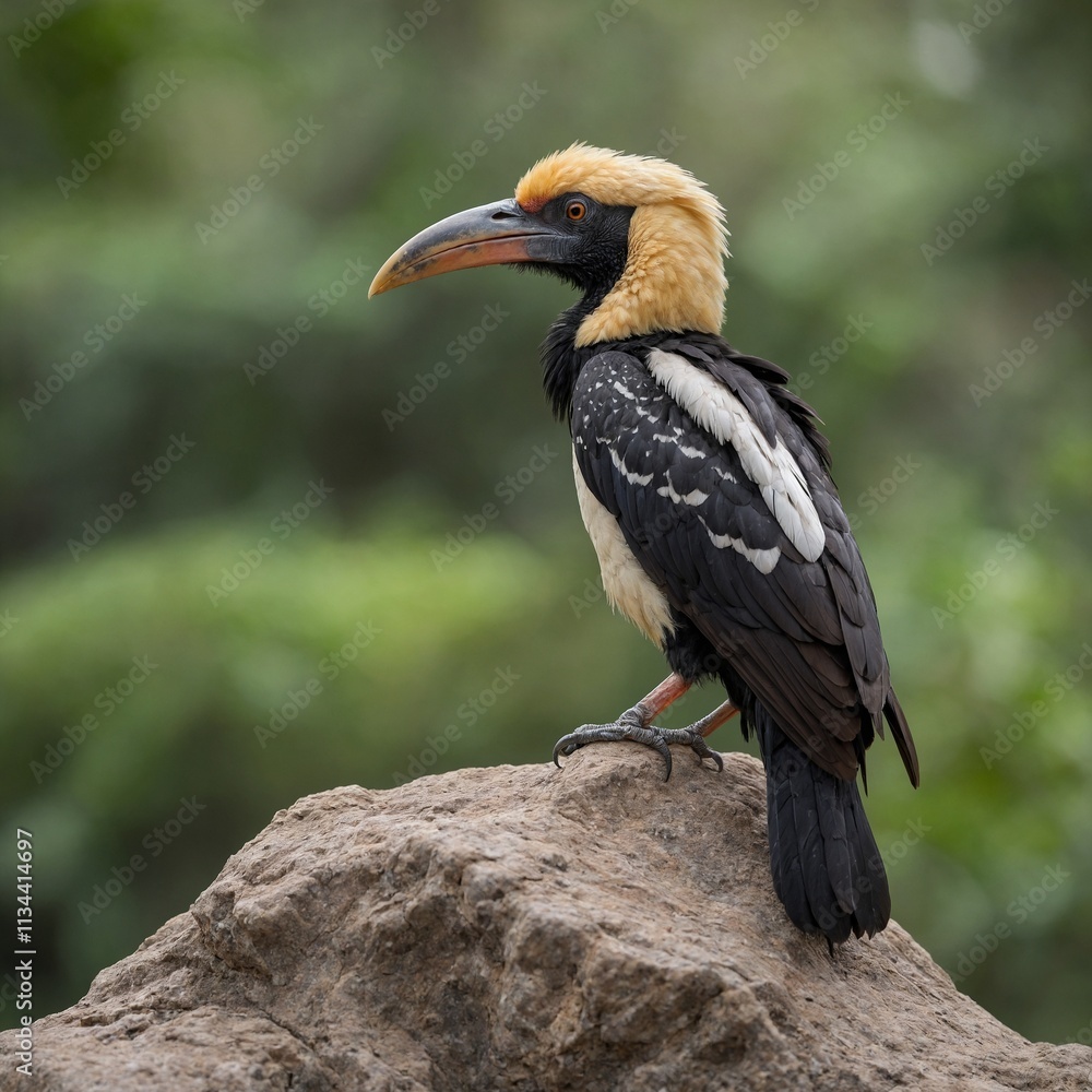 A juvenile hornbill with duller plumage, sitting on a small rock, isolated on white. A juvenile hornbill with duller plumage, sitting on a small rock, isolated on white.
