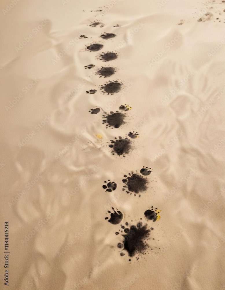 A yellow and black spotted bobcat's paw prints on the sand, wild animal, feline movements, yellow black spotted A yellow and black spotted bobcat's paw prints on the sand, wild animal, feline movements, yellow black spotted