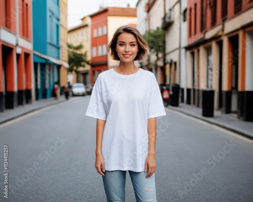 Young woman with short hair wearing white oversized t-shirt and jeans standing on the street