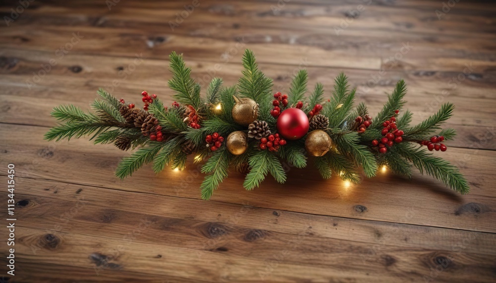 Christmas tree branch centerpiece on a rustic wooden table, christmas tree branches, warm lighting Christmas tree branch centerpiece on a rustic wooden table, christmas tree branches, warm lighting