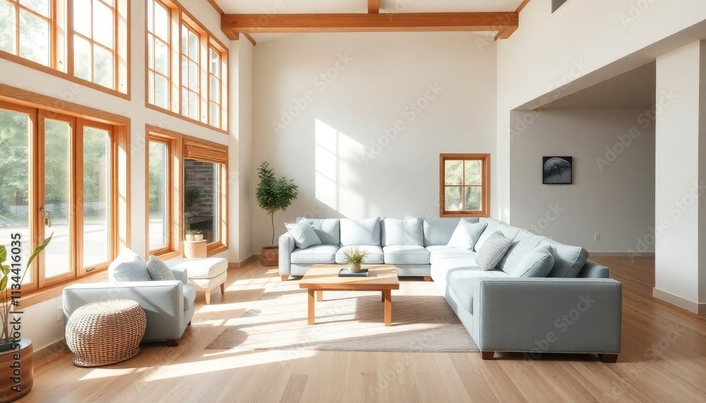 A spacious and bright living room with large windows, a wooden ceiling, and a comfortable sectional sofa. A spacious and bright living room with large windows, a wooden ceiling, and a comfortable sectional sofa.