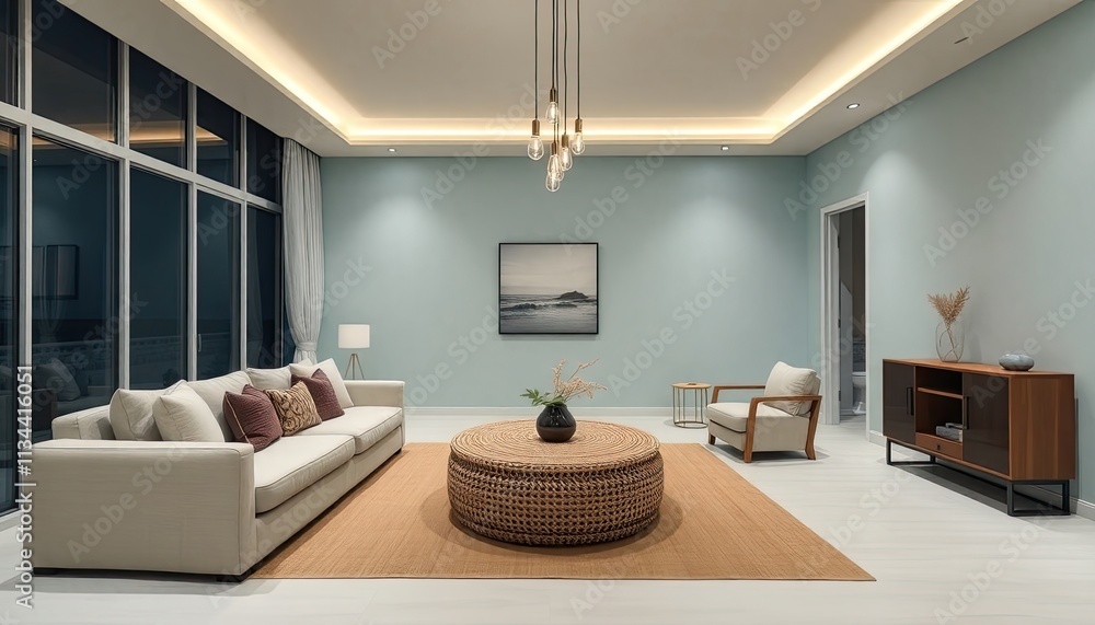 A modern living room with a large window, a white sofa, a round coffee table, and a wooden sideboard. A modern living room with a large window, a white sofa, a round coffee table, and a wooden sideboard.
