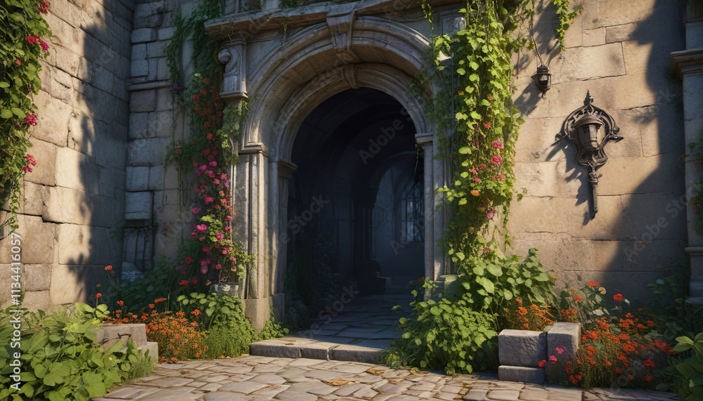 Fototapeta premium Vines and creepers snaking around an old crypt entrance, ancient, twisted