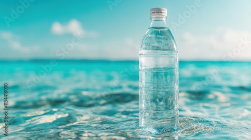 A water bottle gently floats on the calm, rippling sea beneath an expansive clear blue sky, encapsulating an essence of freedom, nature, and peaceful solitude. photo