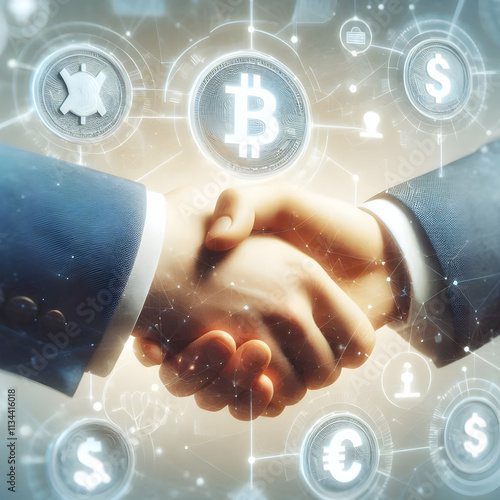 3D Soft focus handshake with digital currency overlay concept as Close up of two businesspeople shaking hands slightly out of focus. Digital currency symbols float between them. Camera gently zooms ou photo