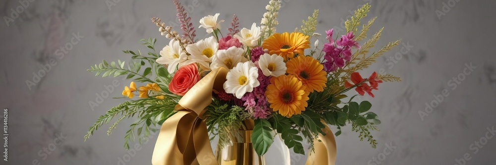 Fototapeta premium A delicate gold ribbon weaves through a bouquet of fresh flowers and leaves in a minimalist vase, simple, understated, premium