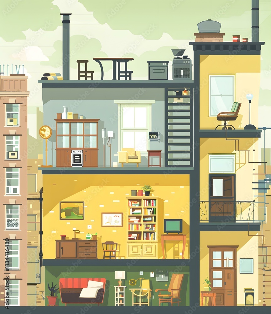 Inside View of a Modern Apartment Building with Various Rooms Inside View of a Modern Apartment Building with Various Rooms