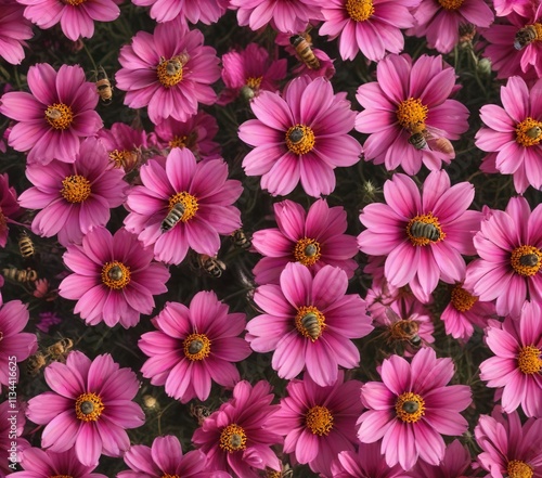 Bees forming a honeycomb pattern on the cosmos flower's surface, texture, nature, bees