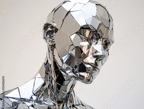 Abstract Metallic Sculptures Depicting Fragmented Human Faces with Reflective Surfaces, Highlighting Art, Technology, and Modern Design photo