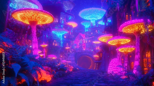 Bioluminescent Alien Mushroom Fantasy Landscape with Glowing Neon Lights and Vibrant Cosmic Atmosphere