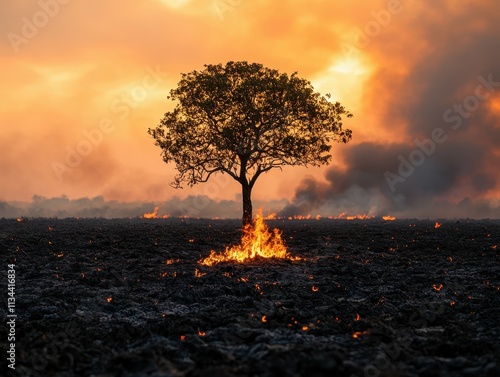 A lonely burning tree, a territory engulfed in flames, scorched land, smoke rising in distance photo