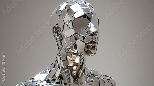 Abstract Metallic Sculptures Depicting Fragmented Human Faces with Reflective Surfaces, Highlighting Art, Technology, and Modern Design photo