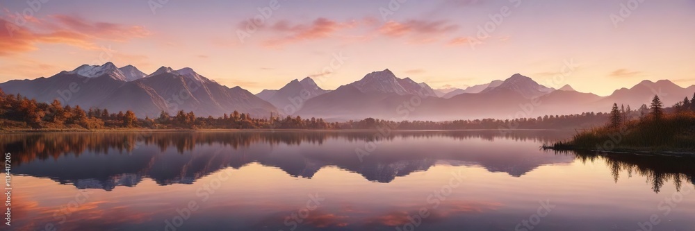 stunning sunrise over calm lake with soft reflections on water and majestic mountains in the background, vast open space for copy space, sunrise, peaceful scene, tranquility stunning sunrise over calm lake with soft reflections on water and majestic mountains in the background, vast open space for copy space, sunrise, peaceful scene, tranquility