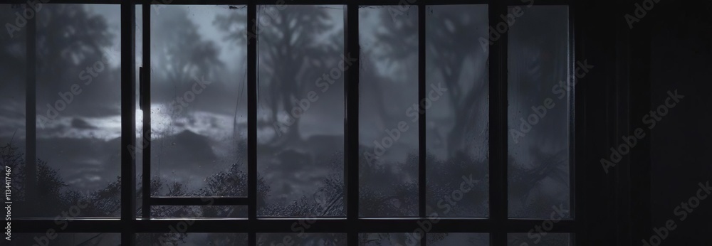 A dark and foreboding black mist settles on a window, foggy, eerie atmosphere, shroud A dark and foreboding black mist settles on a window, foggy, eerie atmosphere, shroud