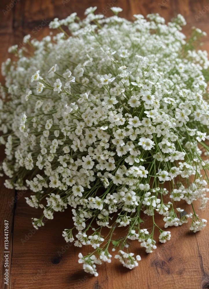 a loose, curved bouquet of white gypsophila flowers arranged on a wooden background with visible grain and knots, earthy tone, wood grain texture a loose, curved bouquet of white gypsophila flowers arranged on a wooden background with visible grain and knots, earthy tone, wood grain texture