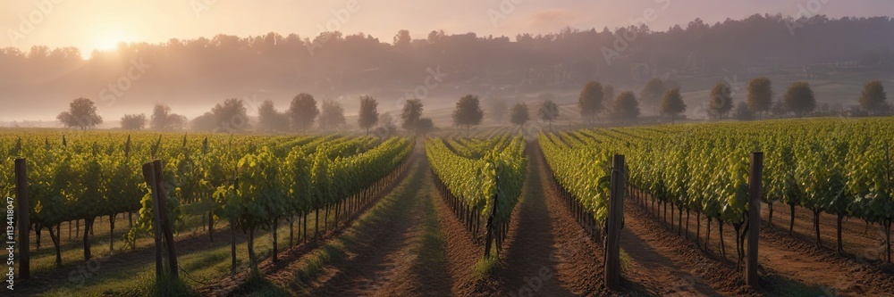 Foggy morning light casts a mystical glow on the misty vineyard, foggy, greenery Foggy morning light casts a mystical glow on the misty vineyard, foggy, greenery