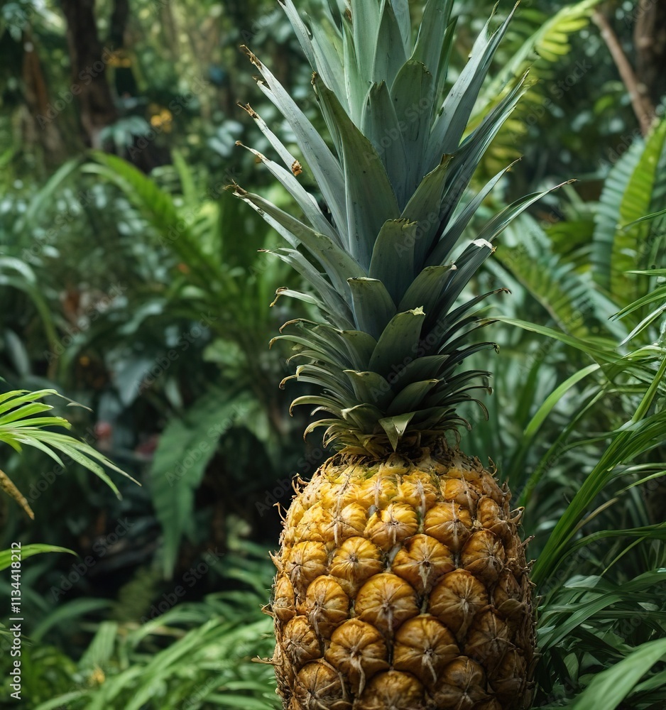 Pineapple fruit partially hidden by the underbrush in a forest, vegetation, woodland Pineapple fruit partially hidden by the underbrush in a forest, vegetation, woodland