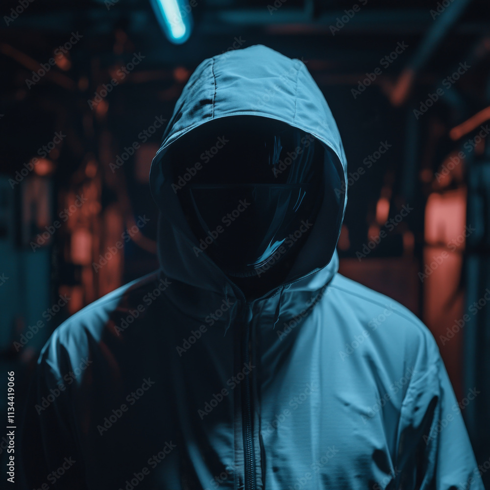 Mysterious figure in hooded jacket with reflective visor, illuminated by blue and orange lights, creating dramatic atmosphere Mysterious figure in hooded jacket with reflective visor, illuminated by blue and orange lights, creating dramatic atmosphere
