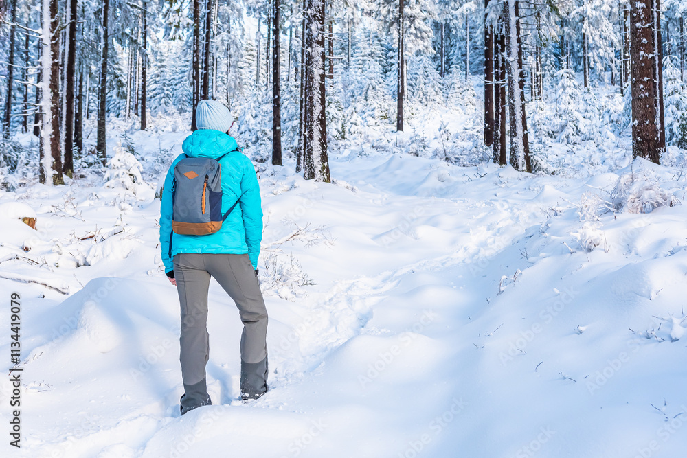 Eastern Sudetes, Young woman hikes on a mountain snow-covered trail, walks on white snow through the forest and looks at the snow-covered trees, winter landscape in the mountains.