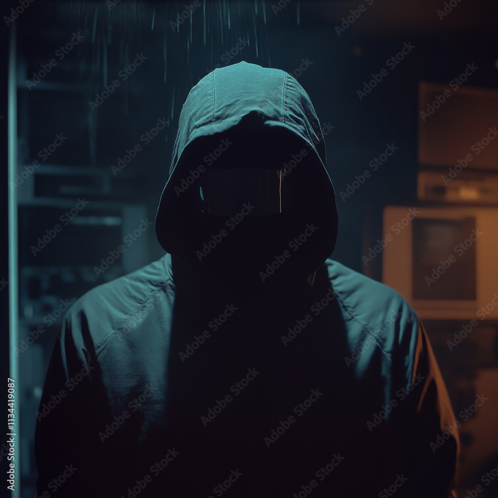 mysterious figure in hooded jacket stands in dim lighting, evoking intrigue and suspense. atmosphere is moody with rain and shadows mysterious figure in hooded jacket stands in dim lighting, evoking intrigue and suspense. atmosphere is moody with rain and shadows