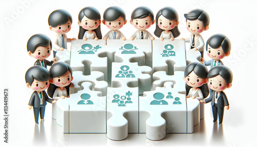 3D Transparent puzzle pieces with team icons isolated on white background concept as Transparent puzzle pieces featuring team icons representing clarity and seamless collaboration in team building puz photo