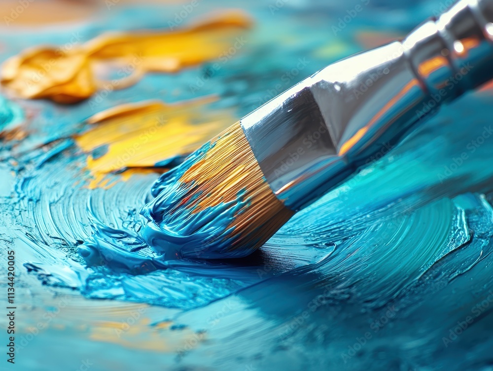 Fototapeta premium Vibrant paintbrushes on colorful swirled canvas palette of artistic expression