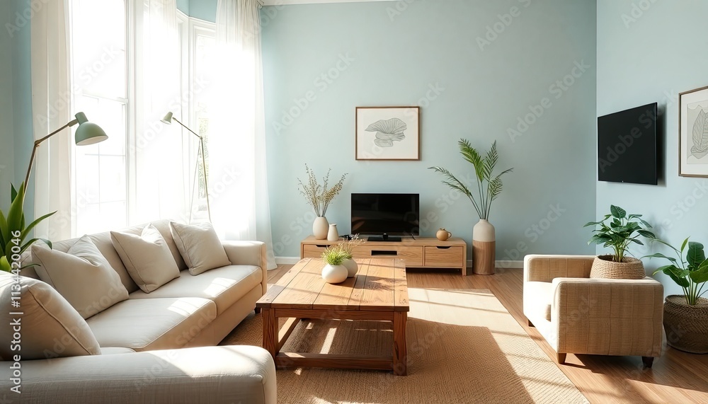 A bright and airy living room with light blue walls, a wooden coffee table, a sofa, a chair, and various decorative elements such as plants and artwork. A bright and airy living room with light blue walls, a wooden coffee table, a sofa, a chair, and various decorative elements such as plants and artwork.
