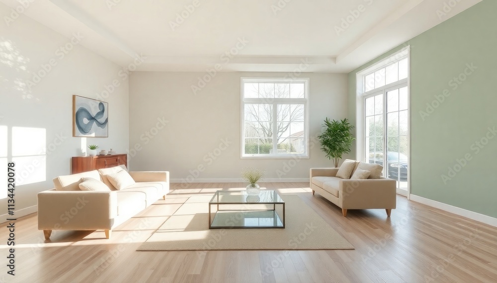 Fototapeta premium A bright and spacious living room with a large window, white walls, and light-colored hardwood floors. The room features two beige sofas, a glass coffee table, and a painting on the wall.