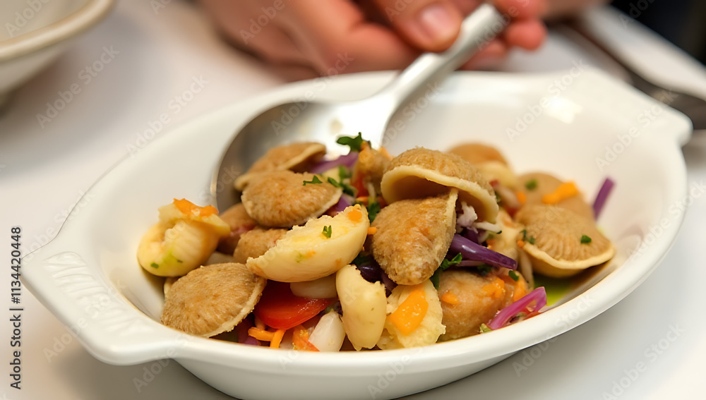 A white dish is used for serving shellfish with a utensil such as a spoon or fork with colorful accents nearby._00002_ A white dish is used for serving shellfish with a utensil such as a spoon or fork with colorful accents nearby._00002_