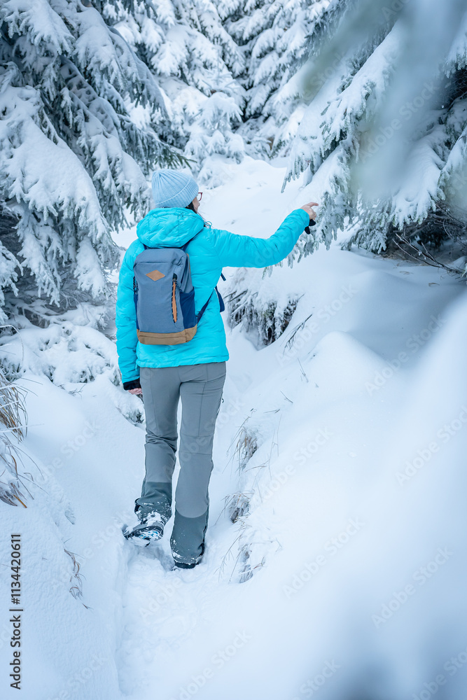 Eastern Sudetes, Young woman hikes on a mountain snow-covered trail, walks on white snow through the forest and looks at the snow-covered trees, winter landscape in the mountains.