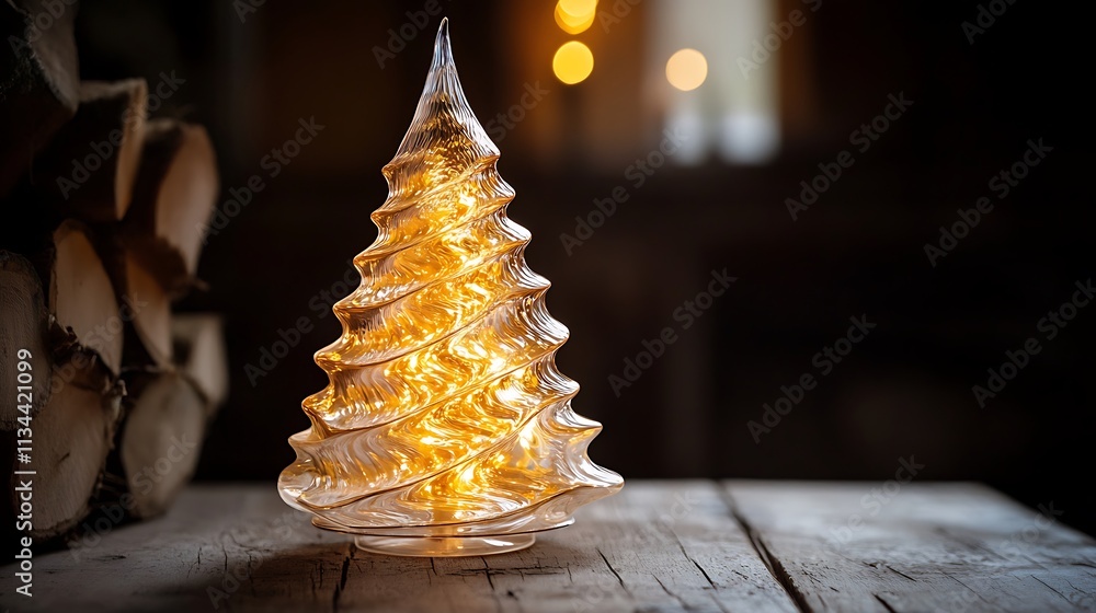 A delicate glass Christmas tree illuminated by soft golden lights on a rustic wooden table A delicate glass Christmas tree illuminated by soft golden lights on a rustic wooden table
