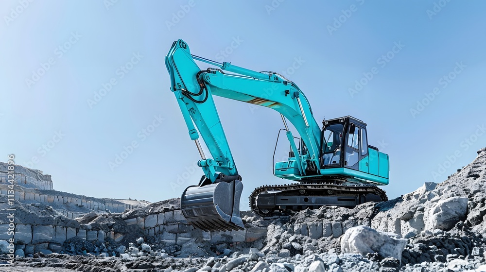 Turquoise Excavator Working on Construction Site Amidst Clear Blue Sky