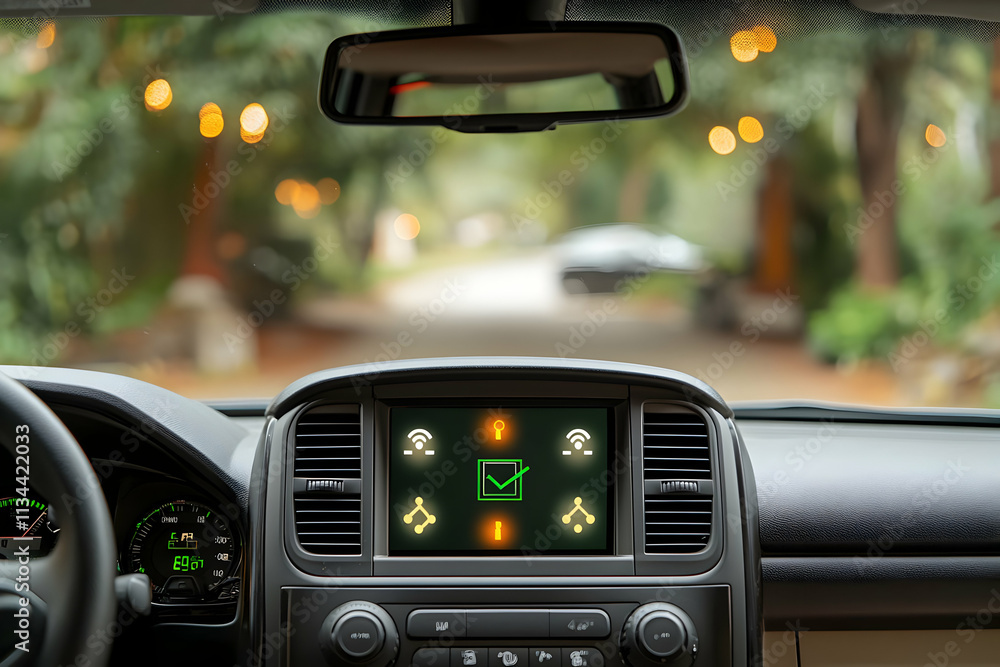 Car dashboard displaying safety features on screen. Car dashboard displaying safety features on screen.